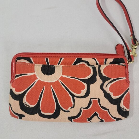 Coach Wristlet Purse Wallet Red Poppy Daisy Patent Leather Trim Canvas - Picture 3 of 6